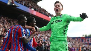 Eddie Nketiah of Crystal Palace celebrates scoring his team's second goal with team mate Dean Henderson during the Premier League match between Crystal Palace and Liverpool at Selhurst Park on September 27, 2025 in London, England. 