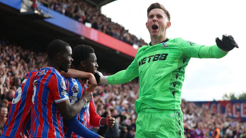 Eddie Nketiah of Crystal Palace celebrates scoring his team&#039;s second goal with team mate Dean Henderson during the Premier League match between Crystal Palace and Liverpool at Selhurst Park on September 27, 2025 in London, England. 