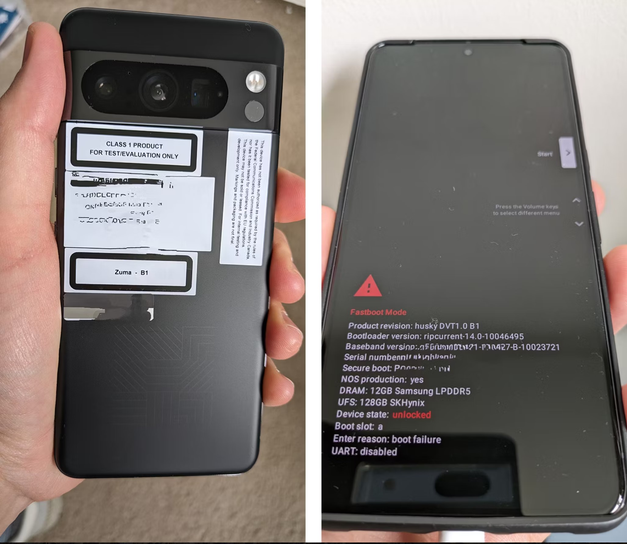 Google Pixel 8 Pro-Testgerät undicht mit Blick auf die Vorder- und Rückseite des Telefons