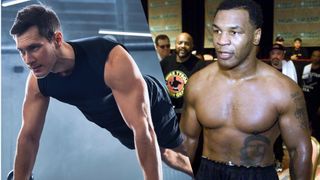 man performing push-ups next to photo of Mike Tyson 