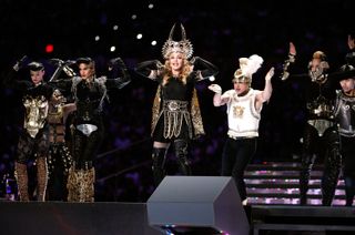 Madonna performs during the Bridgestone Super Bowl XLVI Halftime Show at Lucas Oil Stadium on February 5, 2012 in Indianapolis, Indiana.