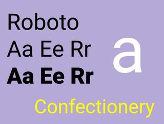 Sample text in Roboto font, a modern sans-serif font, with several letters of the alphabet, a giant letter ‘a’, and the word ‘Confectionery’ spelt out, on a lilac background.