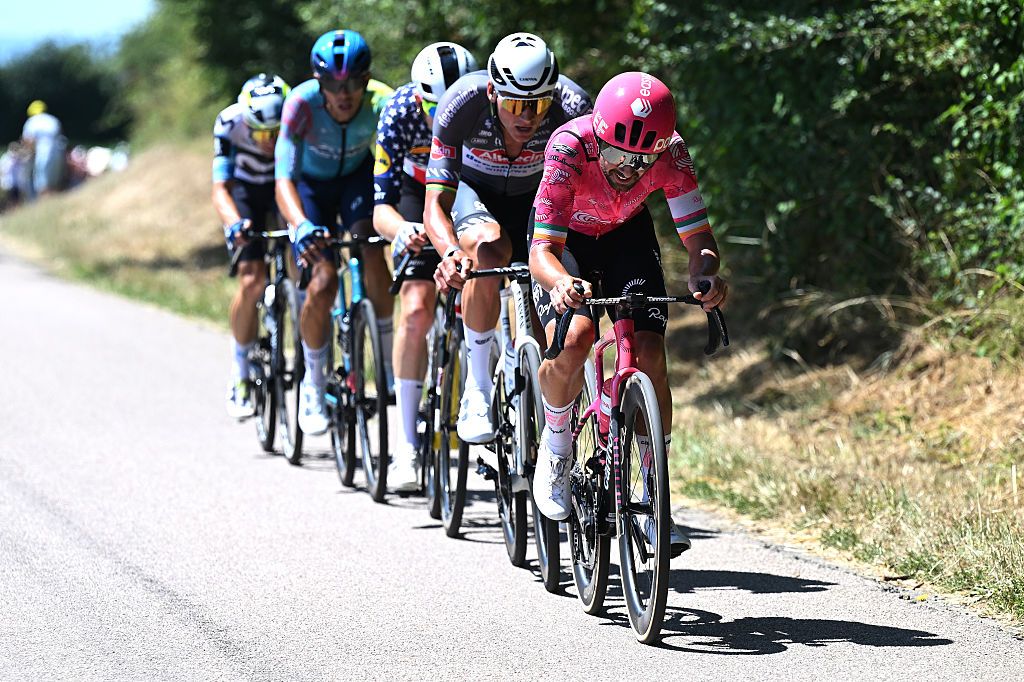 VIRE NORMANDIE, FRANCE - JULY 10: (L-R) Mathieu Van Der Poel of Netherlands and Team Alpecin - Deceuninck and Ben Healy of Ireland and Team EF Education - EasyPost compete in the breakaway during the 112th Tour de France, Stage 6 a 201.5km stage from Bayeux to Vire Normandie / #UCIWT / on July 10, 2025 in Vire Normandie, France. (Photo by Tim de Waele/Getty Images)