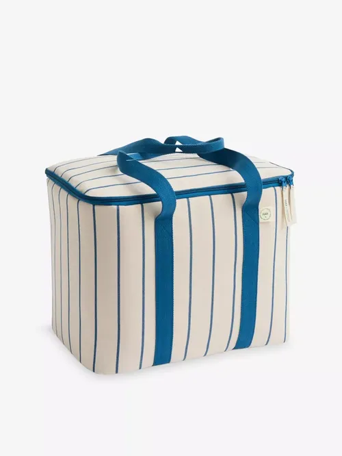 Outdoor Market Striped Woven Picnic Bag in Beige With Blue Stripe