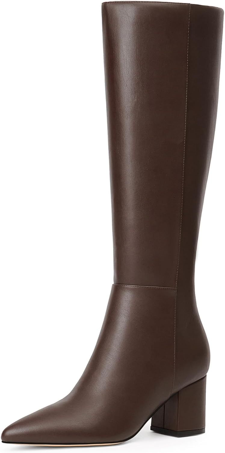 Easyfox Brown Womens Tall Boots Knee High Brown Leather Boot Womens Knee High Boots Pointed Toe Fall Chunky Heeled Long Boot Size 7.5