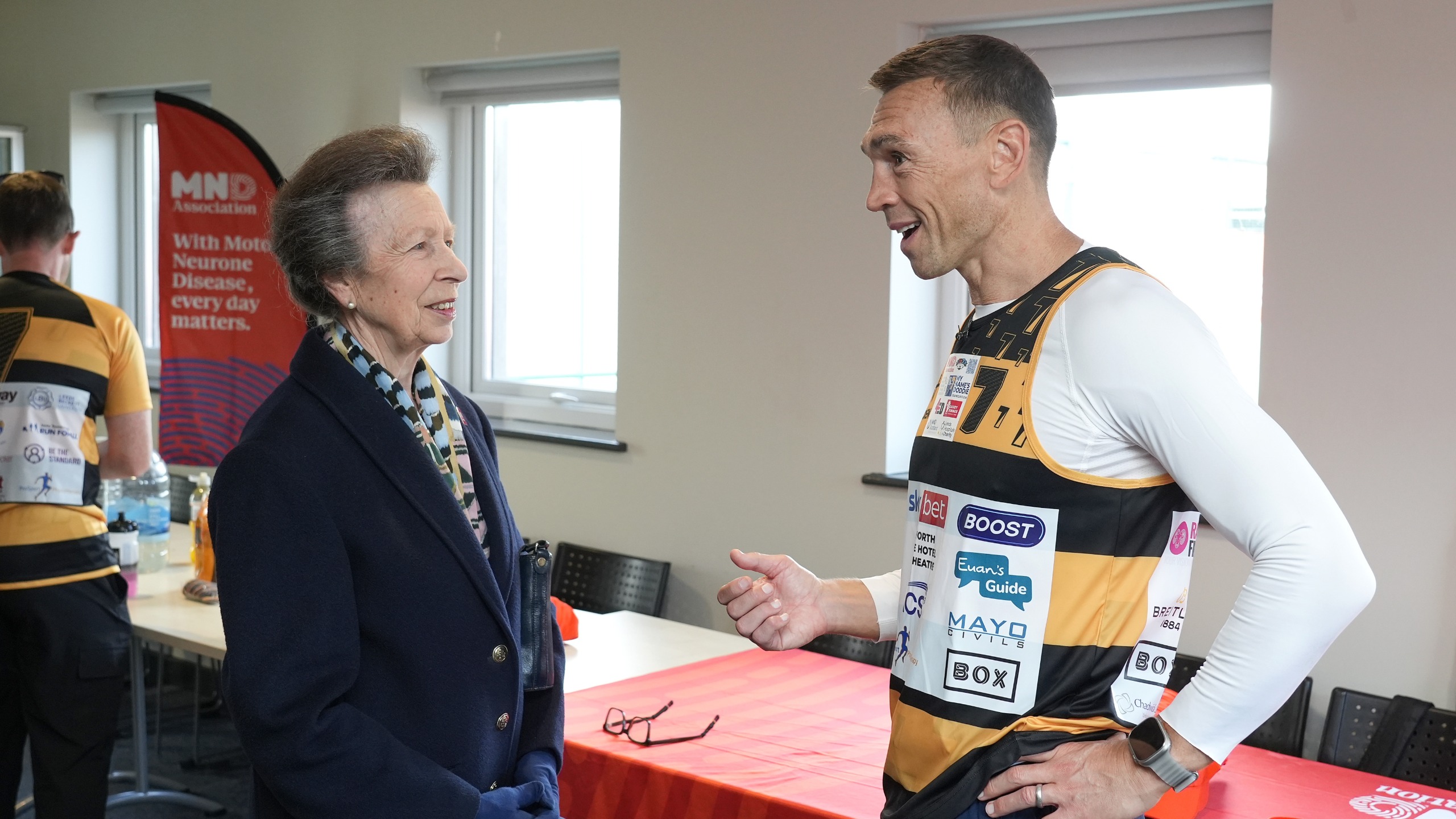 Princess Anne speaks with Sir Kevin Sinfield during the 7 in 7: The Grand Finale at the University of York Athletics Track on September 28, 2026
