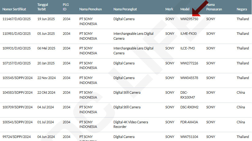 A table displaying product certification details for various Sony cameras and camcorders, including models and manufacturing countries
