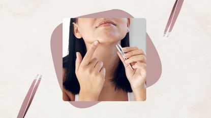 A close-up of a woman holding a pair of tweezers up to her chin/ in a cream template with two product images of pink Rubis tweezers on either side. 