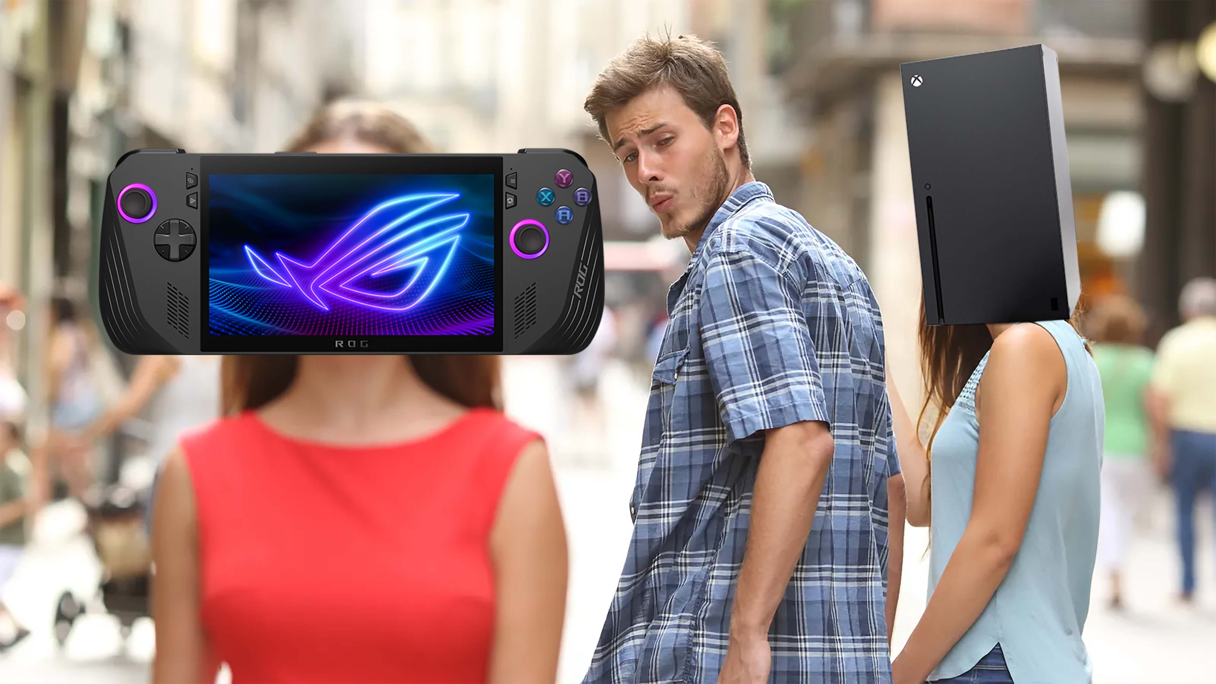 The Distracted Boyfriend meme with the man staring at a woman with an ROG Ally X for a head while holding the hand of a girl who has an Xbox Series X for a head. 