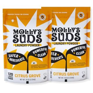 A yellow, black and white bag of Molly's Suds Original Laundry Detergent Powder