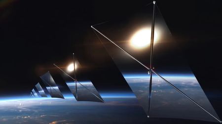An illustration showing a series of giant mirrors in orbit around Earth