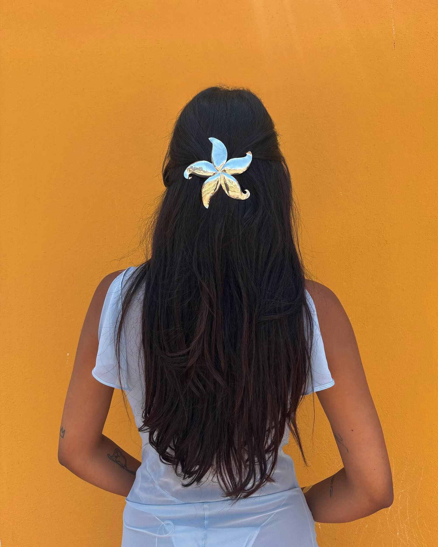 Hair with a starfish clip.