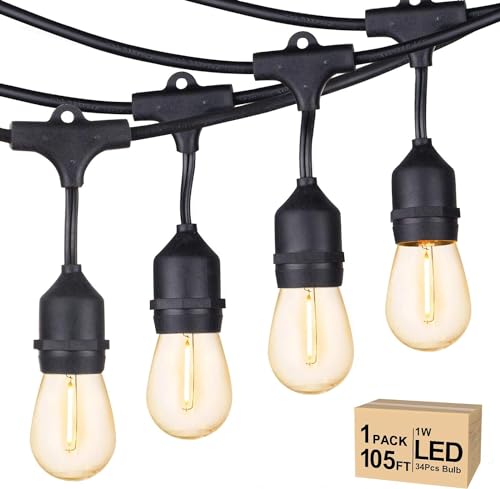 Svater Outdoor String Lights Led 105ft, Commercial Grade Patio Lights With 1w Dimmable S14 Shatterproof Bulbs, Etl Listed Heavy-Duty Outside Waterproof Cafe Bistro Market Lighting Warm White