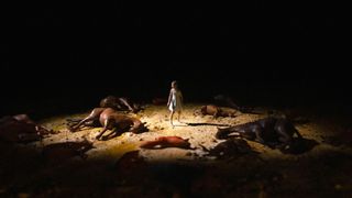 A screenshot from a WWF animation showing a girl surrounded by dead animals, all 3D printed
