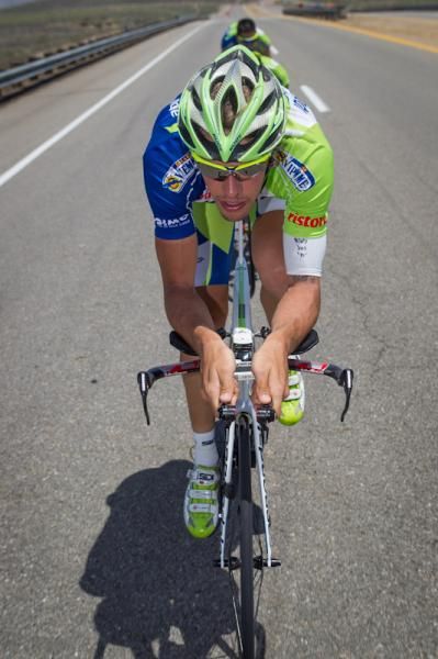 Liquigas-Cannondale riders warm up on the road for the TT.