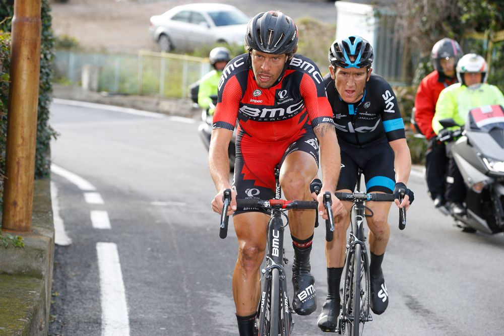 Daniel Oss leads Geraint Thomas on the Poggio