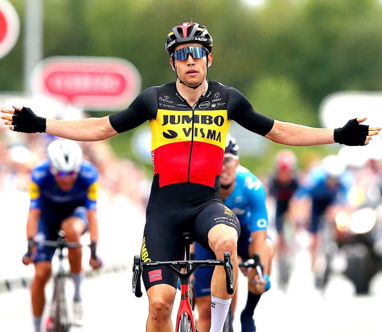 GATESHEAD, ENGLAND - SEPTEMBER 10: Wout Van Aert of Belgium and Team Jumbo - Visma celebrates winning during the 17th Tour of Britain 2021, Stage 6 a 198km stage from Carlisle to Gateshead / @TourofBritain / #TourofBritain / on September 10, 2021 in Gateshead, England. (Photo by Alex Livesey/Getty Images)
