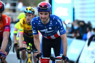 Joey Rosskopf of Human Powered Health wearing the stars-and-stripes jersey earlier in 2022 at Volta a la Comunitat Valenciana