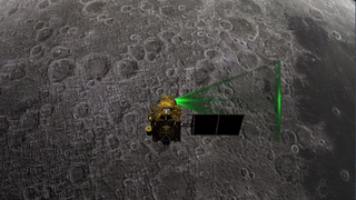 illustration of a spacecraft above the surface of the moon beaming lasers