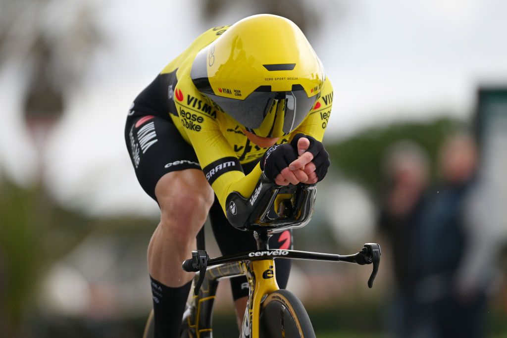 LIDO DI CAMAIORE ITALY MARCH 04 EDITORS NOTE Alternate crop Jonas Vingegaard Hansen of Denmark and Team VismaLease A Bike sprints during the 59th TirrenoAdriatico 2024 Stage 1 a 10km individual trial time from Lido di Camaiore to Lido di Camaiore UCIWT on March 04 2024 in Lido di Camaiore Italy Photo by Tim de WaeleGetty Images