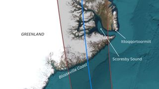 a close up map view of Greenland and a highlighted section showing the path of the eclipse.