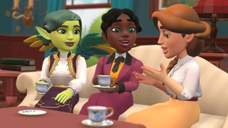 Wydle Society screenshot of three characters conversing over tea