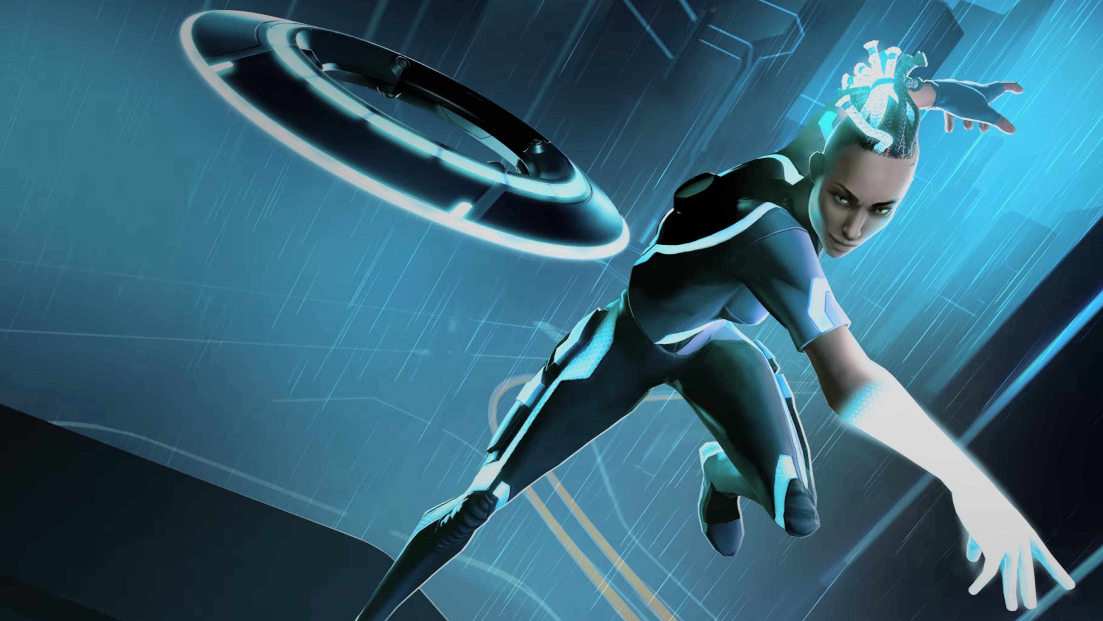 Tron: Catalyst promo image - Tron character throwing a disc 