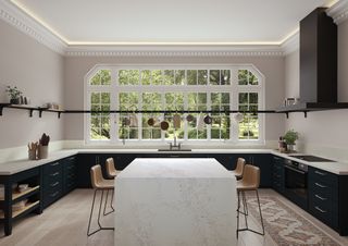Black kitchen units with light caeserstone wroktops
