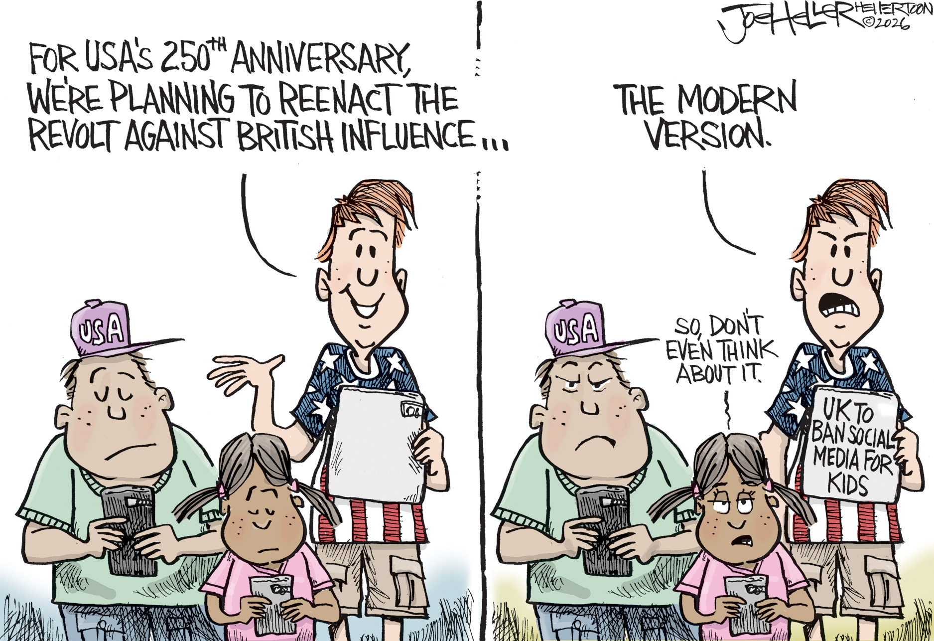 This is a two-panel cartoon depicting two young men and a young woman using phones and tablets. In the first panel, a young man in an American flag shirt says, &amp;ldquo;For USA&amp;rsquo;s 250th anniversary, we&amp;rsquo;re planning to reenact the revolt against British influence..&amp;rdquo; In the second panel the young man says &amp;ldquo;The modern version&amp;rdquo; as he holds a newspaper with the headline, &amp;ldquo;UK to ban social media for kids&amp;rdquo;. The little girl says, &amp;ldquo;So, don&amp;rsquo;t even think about it.&amp;rdquo;