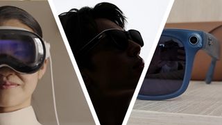 A woman wearing the Apple Vision Pro next to the silhouette of a man wearing Xiaomi's smart glasses, next to the Meta Ray-ban glasses on a table