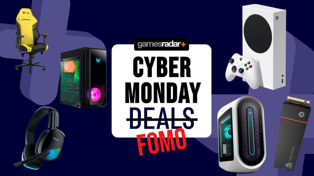 Cyber Monday FOMO hero image with gaming hardware surrounding a deals stamp that&#039;s struck through