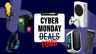 Cyber Monday FOMO hero image with gaming hardware surrounding a deals stamp that's struck through