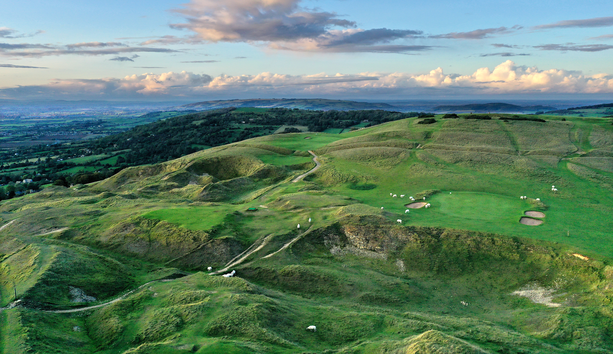 An aerial view of the 15th and 16th at Cleeve Hill
