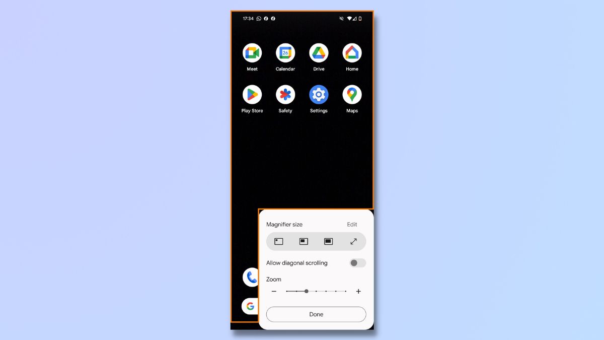 Снимок экрана, показывающий, как использовать экранную лупу на телефоне Android 14 — Настройки