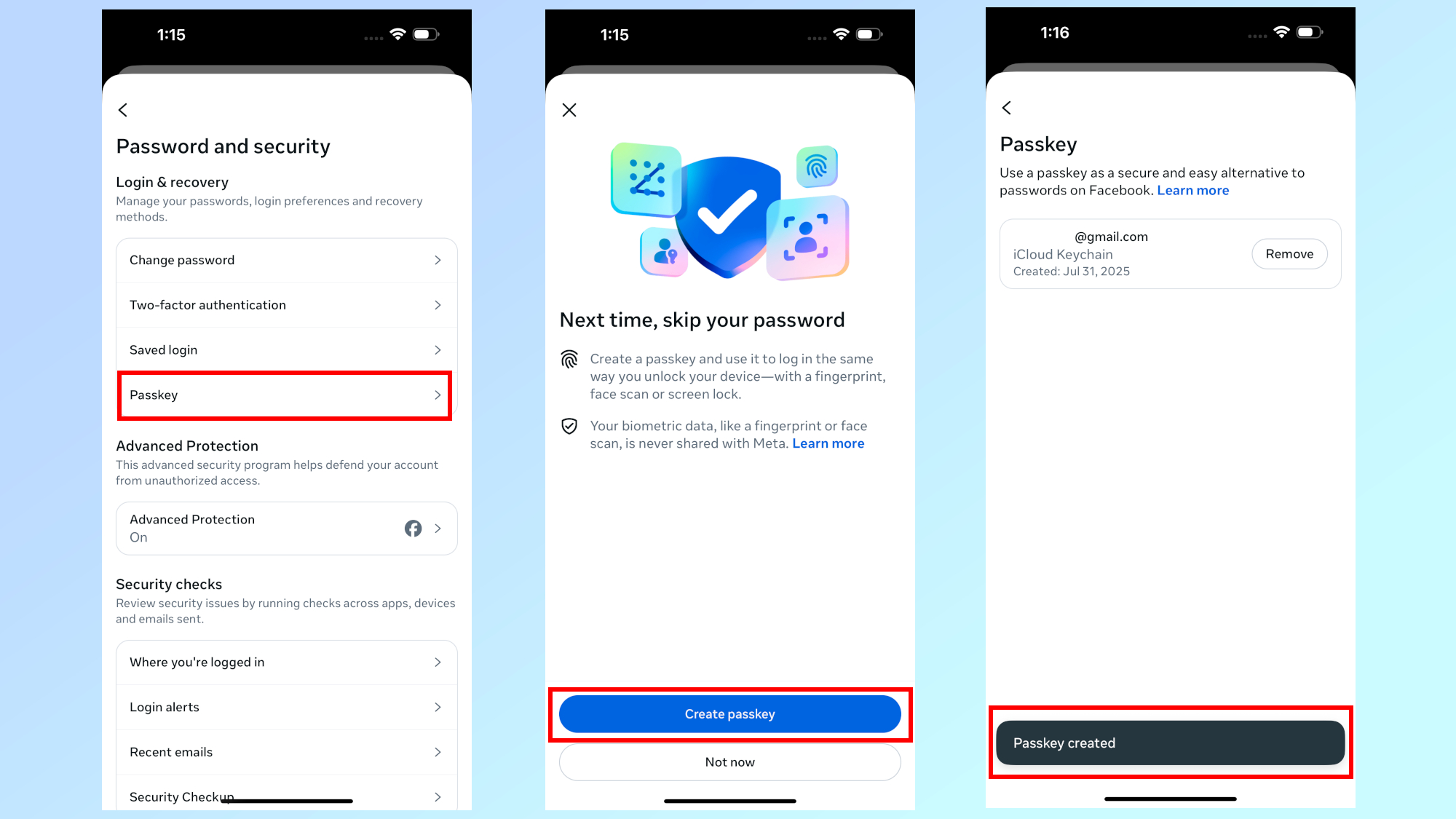 Setting up passkeys on Facebook