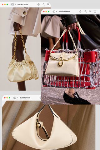 a collage of runway images depicting the bag color trend spring 2025 buttercream in Zimmerman, Bottega Veneta, and Fendi's collections