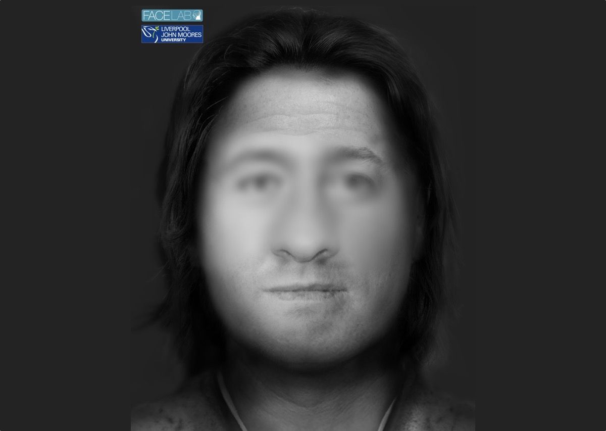 The face of a man who lived 4,500 years ago in England was reconstructed, with the blurry portions of the image indicating a lack of surviving facial bones; researchers had to estimate those portions.