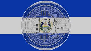 The El Salvador flag with a translucent Bitcoin logo pasted over it