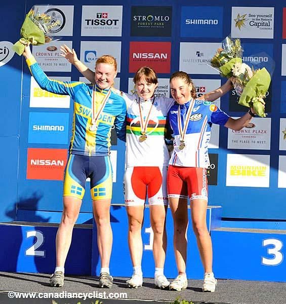 Under 23 women's MTB Worlds podium: Alexandra Engen (Sweden), Aleksandra Dawidowicz (Poland), Julie Bresset (France)