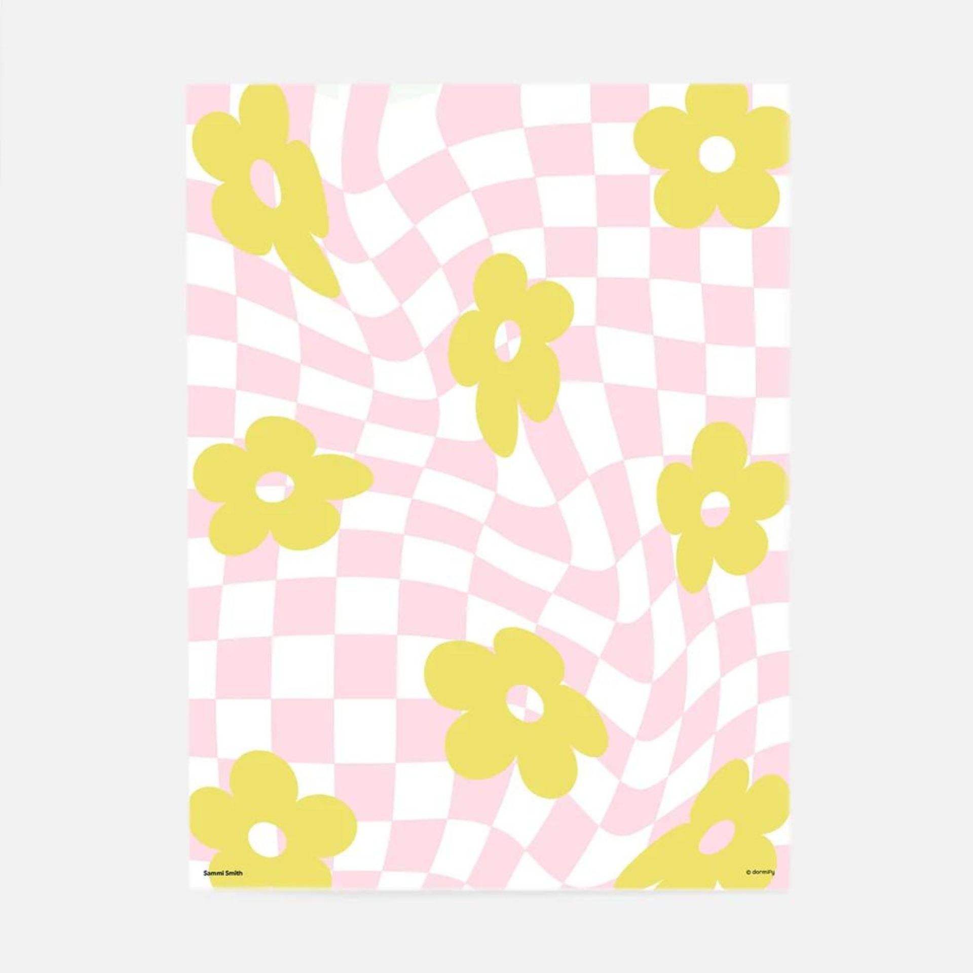 Bunga kuning dengan latar belakang papan catur merah muda