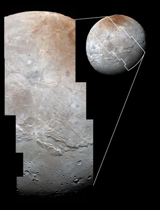 NASA's New Horizons spacecraft used its the Long Range Reconnaissance Imager (LORRI to obtain high-resolution images of Charon on July 14, 2015, which were combined with enhanced color from the Ralph/Multispectral Visual Imaging Camera (MVIC).