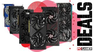 A collage of different graphics card, scaled to different sized, against a colorful background with the phrase 'Deals' on the right hand side with a PC Gamer logo