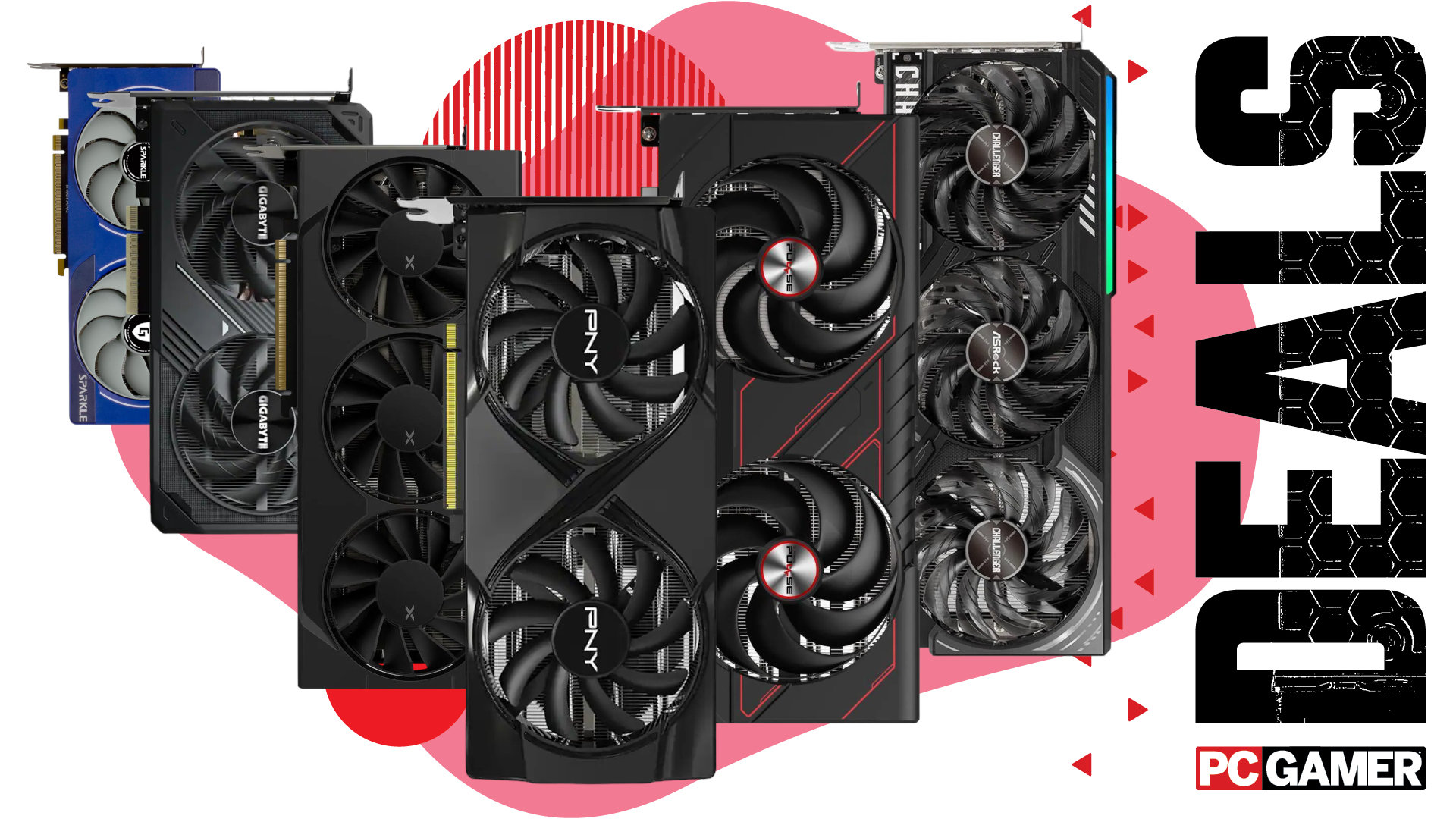 A collage of different graphics card, scaled to different sized, against a colorful background with the phrase 'Deals' on the right hand side with a PC Gamer logo