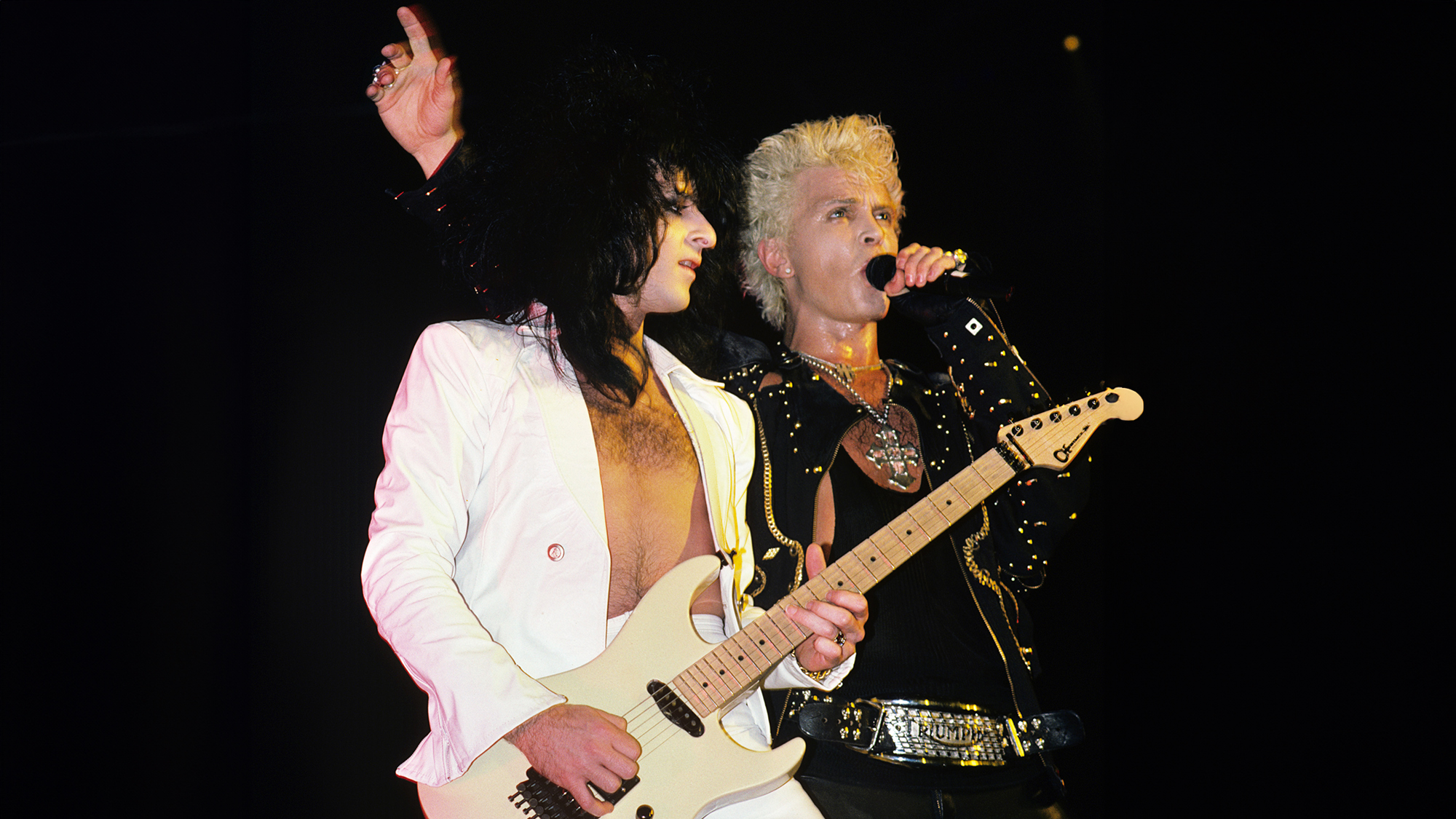 Steve Stevens performing with Billy Idol at RPI Fieldhouse in Troy, New York on April 12, 1987.