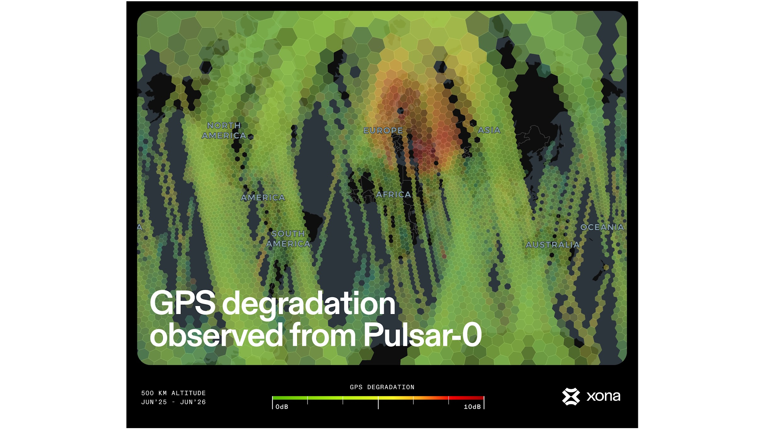 Pulsar-0 navigation satellite has mapped areas of GNSS jamming on Earth with unprecedented accuracy.