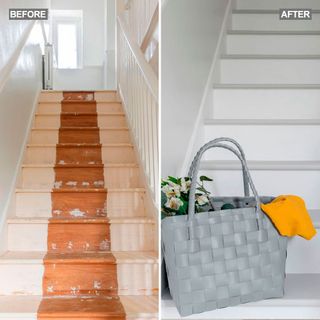 before and after stair case with grey basket and yellow flower
