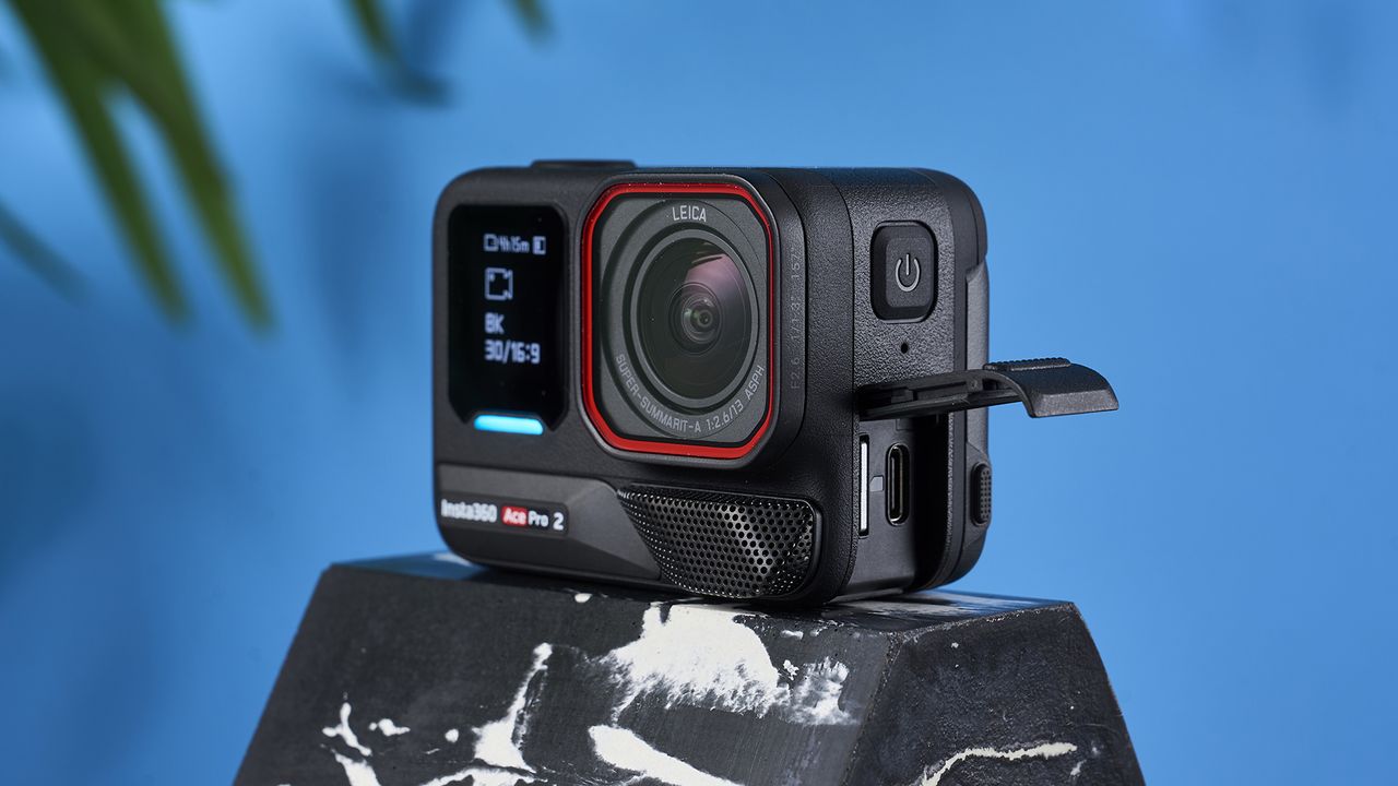 The Insta360 Ace Pro 2 against a blue background