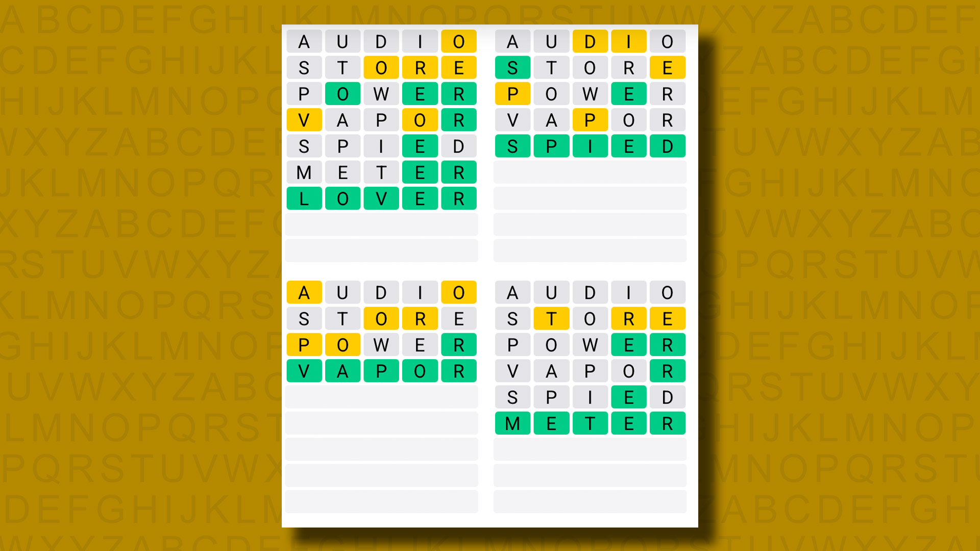 Quordle answers for game 1129 on a yellow background