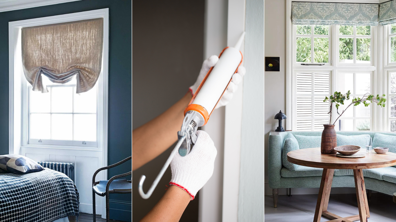 Three images of windows, including one image of a man caulking a window 