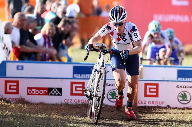 US champion Katie Compton (Trek Cyclocross Collective) alone in the lead in Tabor with Young Telenet-Fidea teammates Nikki Harris and Pavla Havlikova in pursuit
